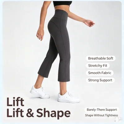 CNSHELL Nilit Nylon66 High-end Quality Womens High Waist Solid Bootcut Yoga Pants Capri Bootleg Flare Tummy Control Workout Nude