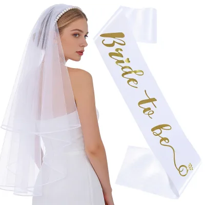 European American Style Fashionable Bridal Pearl Appliqued Veil Headband Set Bride-to-Be Gold-Stamped Letter Shoulder Strap