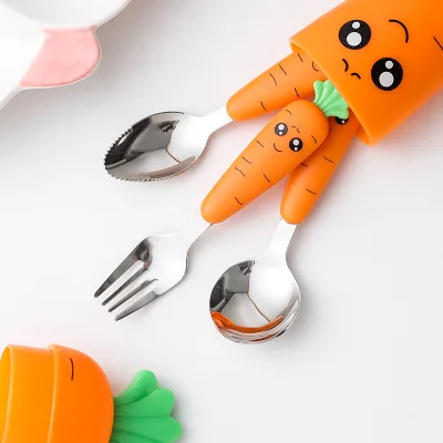 Food Grade Cute Carrot Handle Safe Kids Spoon Fork With Case Stainless Steel 304 Toddler Utensils Children's Tableware Set