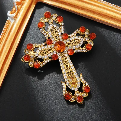 Vintage Rhinestone Cross Brooch for Women Men Retro Cross Brooches Religious Brooch Statement Suit Lapel Pin Clothing Accessory
