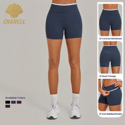 New Arrivals Women Fitness Yoga Shorts, High Rise Athletic Tights with Contrast Waistband and Back V Shape Pocket Design