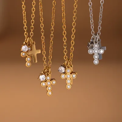 Trendy Zircon Cross Pendant Stainless Steel Necklace Set Waterproof 18K Gold PVD Plated Link Jewelry for Women's Party Occasion