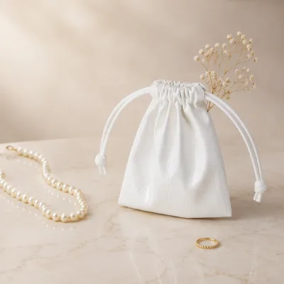 Custom Logo White Patent PU Leather Large Drawstring Bucket Bag with Self Leather Rope Ruched Luxury Leather Gift Pouch OEM