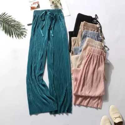 I-0387 Women's Pleated Loose Ice Silk Casual Cropped Pants Wide Leg Pants Home Classic Sports Wear Girls Clothes Black Top