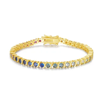 Women Custom Copper Tennis Bracelet Rainbow Colored CZ Zirconia 14K Gold Plated Women Tennis Bracelet