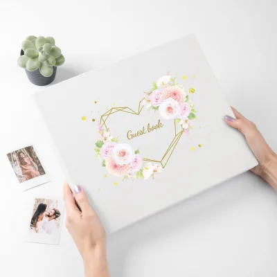 Wedding Guest Book Gold Comes With Rose Gold Metal Pen and Holder Photo Album Sign in White Wedding Guest Book