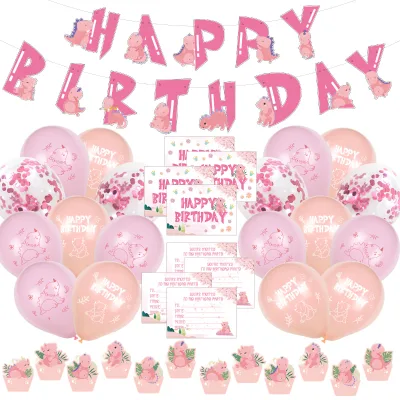 Huaming Baby Girl Rose Pink Party Supplies Happy Birthday Banner Dinosaur Foil Balloons Birthday Party Decorations Set