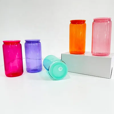 BPA Free Jelly Color 16oz Colored Glass Can Blank Sublimation Beer Drinking Glasses cans with Plastic Lid Glass Beer Can Glass