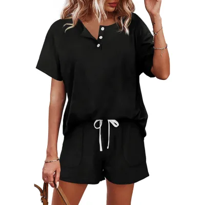 Solid Color Short Sleeved Shorts Casual Set Button Drawstring Lace up Sports Set Breathable Women's 2-piece Set Summer Shirt