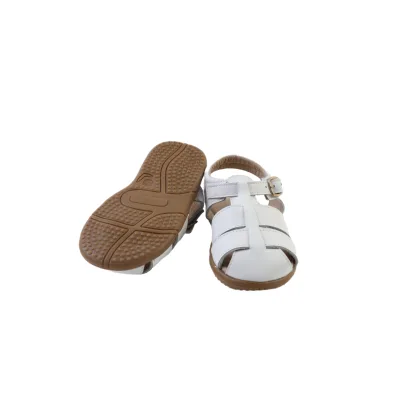 White Closed Toe Leather Sandals with Adjustable Buckle Non-Slip Brown Sole for Summer Play
