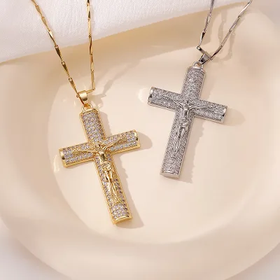 NEW  Religious CZ Jesus Cross Pendant Necklaces for Women Silver Gold Plated Copper Paved Zircon Crucifix Cross Necklace