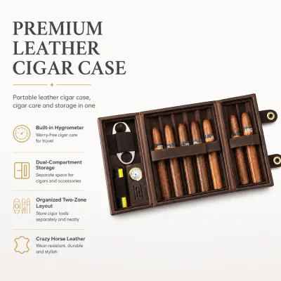 Guevara American Style Square Crazy Horse Leather Cigar Humidor Box Built-in Hygrometer Humidifier Double Compartment Portable
