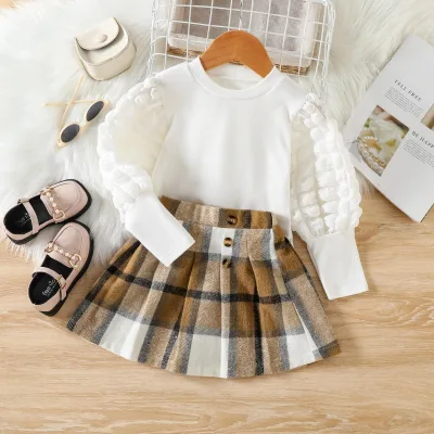 Korean Version of Solid Color Round Neck Puffy Sleeve Top College Style Child Half Skirt Autumn and Winter Suit
