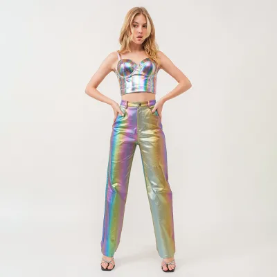 US Size Party Club Wear High Waist Metallic Rainbow Color Pants Metallic Jeans Women