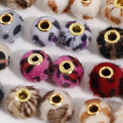 Leopard Plush Beads Cute Straight Rabbit Fur Ball Spacer Loose Beads