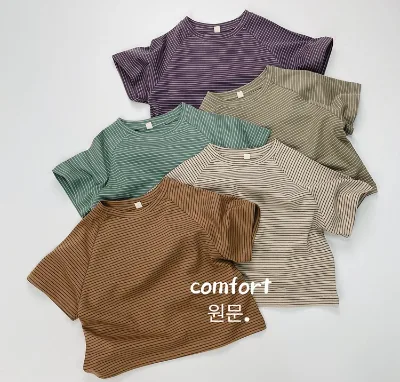 Basic Summer Style Western Children's Clothes Boys and Girls Short-sleeved Striped T-shirt Pure Cotton T-shirt Top