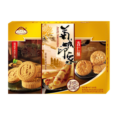 Factory Hot Selling 325g Product Name of Jucheng Impression Mixed Biscuit 4 Flavor Almond Cake Delicious Cookies Chinese Cookies