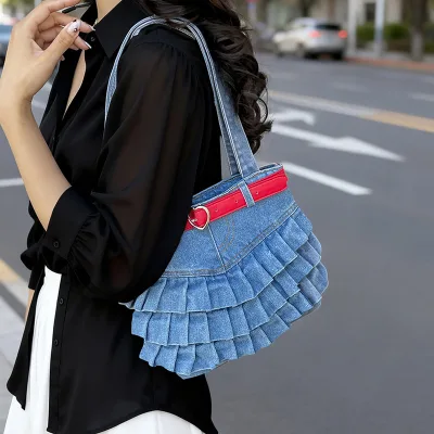 Summer Denim Zipper Closure Tote Bag 2026 New Style Fashionable Niche Design Women's Versatile Pleated Jeans Shoulder Bag