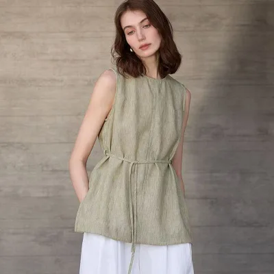 Summer Women Linen Sleeveless Top Round Neck Tie Waist Loose Tunic Blouse Breathable Lightweight for Daily Casual Outfits