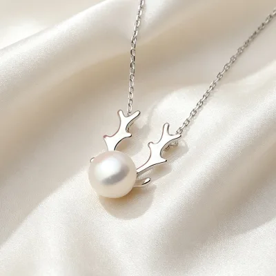 S925 Silver Plated Deer Antler Pendant Necklace Setting Christmas DIY Jewelry Empty Holder Adjustable Chain Xmas Gift for Women