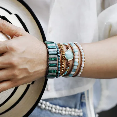 European-American Retro Ethnic Style Emperor Stone Hand-Beaded Bracelet Genuine Leather Rope Fashion Chain Link Bracelets