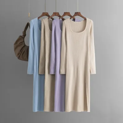 Factory Wholesale Basic Pure Color Slim Long Knitted Dress for Women High Quality Square Collar Side-slit Sweater Skirt