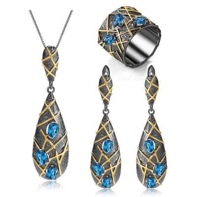 Abiding Affordable Luxury Vintage 925 Silver Oval Cut London Blue Topaz Matched Jewelry Set Long Drop Earrings & Pendant Charm