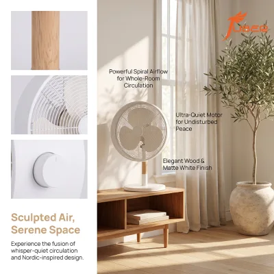 12 Inch Quiet Table Fan Modern Minimalist White Desk Fan with Natural Wood Stand for Bedroom Office Home Decor