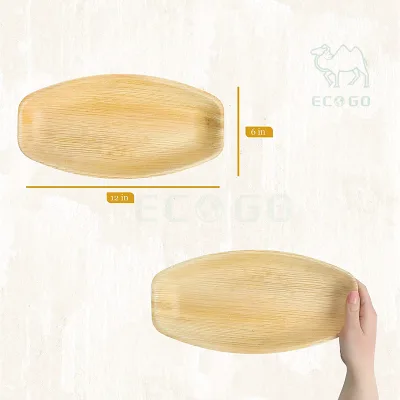 Disposable Bamboo Look Pack of 12 Oval Serving Platters Made From Palm Leaf in Boat Shape Design