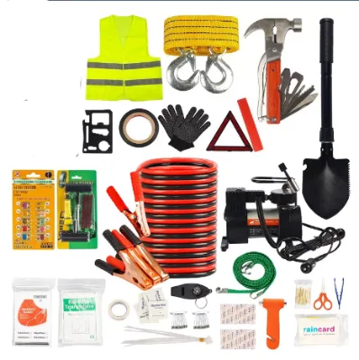 118 Pcs Premium Heavy Duty Plastic Car Roadside Emergency Tool Kit Jumper Cables Air Compressor Tow Strap Multifunctional Hammer