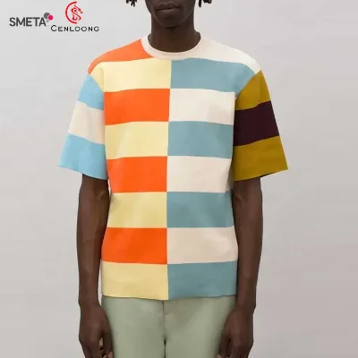 Clothing Manufacturers Mens Short Sleeve Crew Neck Cut and Sew Color Block Striped T Shirt