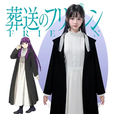 Frieren Cosplay Costume Black Robe White Dress Suit for Anime Fans Performance Costume
