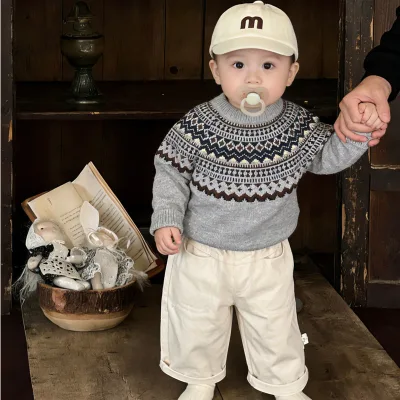 Baby Boy Early Spring Set Korean Style Infant Fair Isle Stylish Acrylic Sweater Spring Fashion Knitwear All-Match Casual Pants
