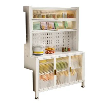 White Steel Free Standing Kitchen Sideboard Storage Cabinet Fluted Glass Door Pegboard Panel Adjustable Shelves Dishware Pantry