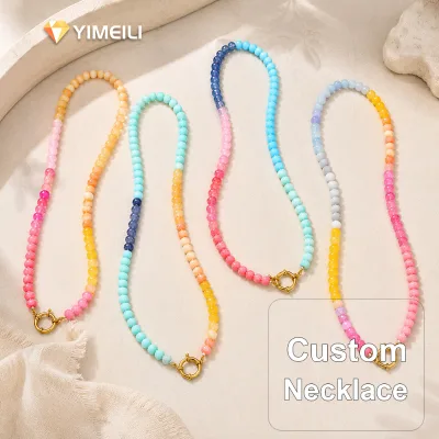 YIMEILI&Colorful Gradient Glass Bead Necklace with Stainless Steel Spring Ring Clasp, Can Be DIY Styled with Charm Necklaces