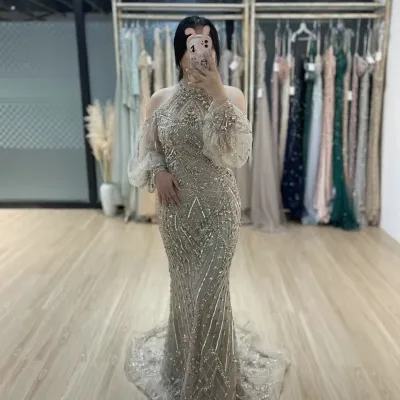 MB40278 Exclusive Caramel Off the Shoulder Halter Neck Beaded Luxury Mermaid Evening Dress for Formal Occasion Saudi for Women