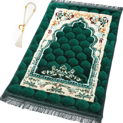 Green Color Prayer Rug Thick Soft Velvet Muslim Mat Unique Arabic Turkish African Printed Design Prayer Mat with Bead
