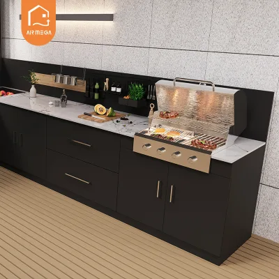 Luxury Outdoor Kitchen with Stainless Steel BBQ Oven Sink Pizza Oven Kitchen Cabinets for Garden Backyard Lawn Party