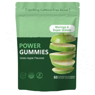 Private Label Moringa Green Apple Power Gummies Immunity Enhancer and Mind Refreshing Herbal Supplements for Adults