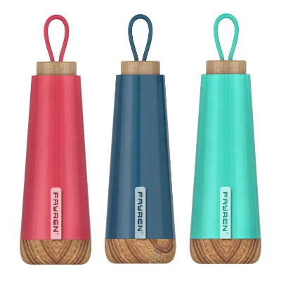 Triangle Shaped 480ML Stainless Steel Thermal Water Bottle Vacuum Insulation Wood Lid Silicone Handle 12-24 Hours Thermal