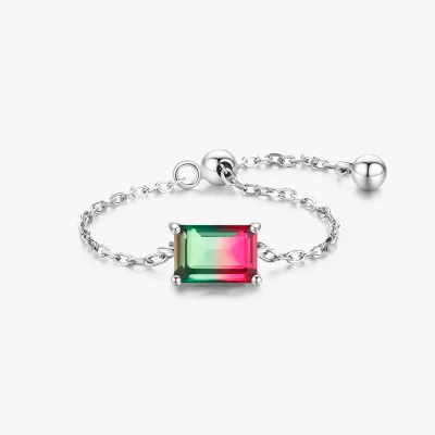 Solid 925 Sterling Silver Emerald Cut Candy Tourmaline Rings Link Chain Adjustable Ring for Women Fine Female Jewelry