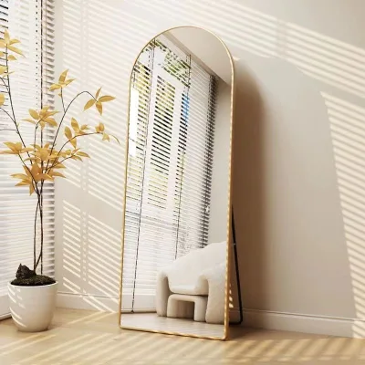 Modern Handmade Aluminum Alloy Arch Shape Wall Decor Mirror with Floor Standing Design for Bedroom and Makeup Use