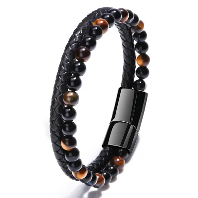 Religious Yoga Healing Gemstone 7 Chakra Beaded Wristband Black Genuine Leather Cord Tiger Eye Agate Beads Wrap Bracelet gift