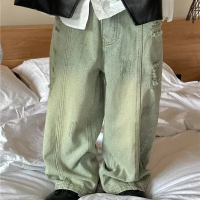 2024 Spring New Boys and Girls Straight Leg Ripped Jeans Old Trousers for 3-8years Old Children