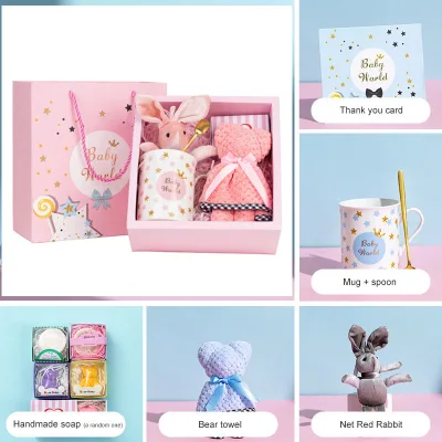 Premium Baby Gift Box with Cup Spoon Bear Towel Soft Plush Bunny & Scented Soap-Blue/Pink Luxury Baby Shower Gift From KEYJOY