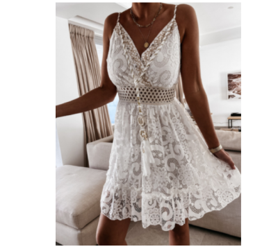 Ladies Summer Fashion V Neck Sleeveless Clothing for Women Bohemian White Lace Dress