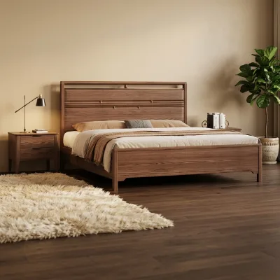 Modern Elm Wood Bed Frame in a New Chinese Style, Suitable for Bedrooms in Residences, Villas, and Hotels.
