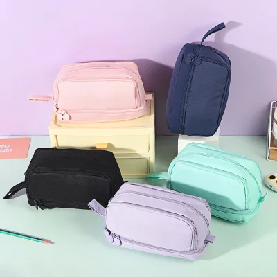 Double-layer Double-opening Window Fabric Pencil case Solid Color Simple Multi-functional Large-capacity Dirt-resistant Pen