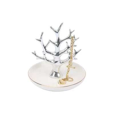 Elegant Silver Branches of Tree White Ceramic Ring Holder Trinket Tray With Gold Edge Jewelry Organizer