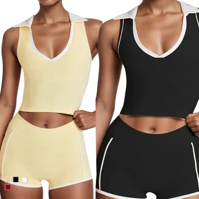 Custom Women Yoga Set V Neck Colorblock Naked Feel Sports Tank Top with Quick Dry Butt Lift Shorts